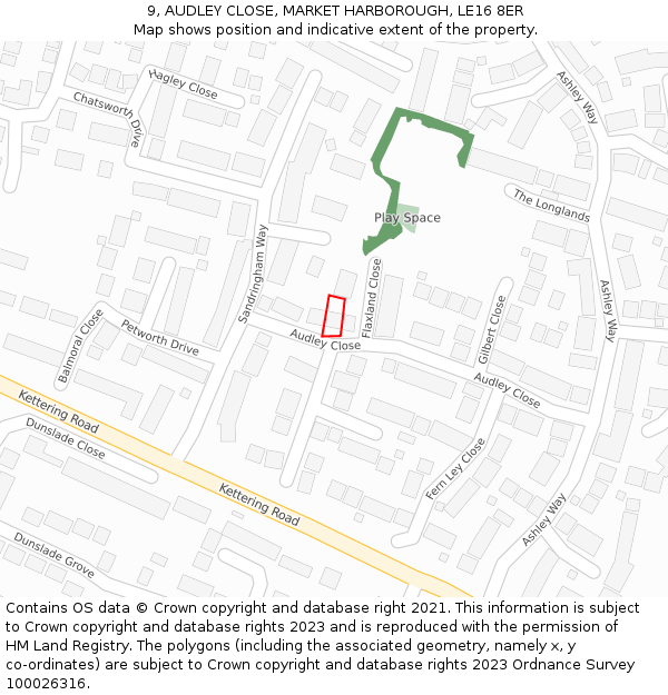 9, AUDLEY CLOSE, MARKET HARBOROUGH, LE16 8ER: Location map and indicative extent of plot