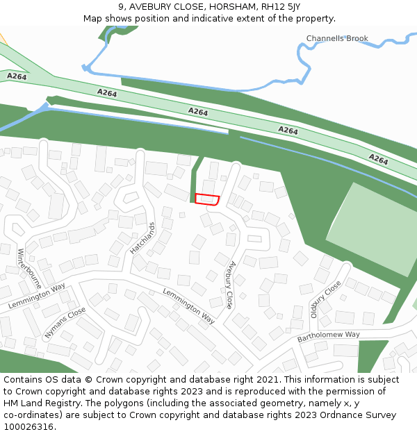 9, AVEBURY CLOSE, HORSHAM, RH12 5JY: Location map and indicative extent of plot