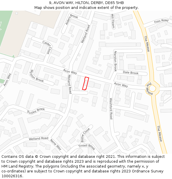 9, AVON WAY, HILTON, DERBY, DE65 5HB: Location map and indicative extent of plot
