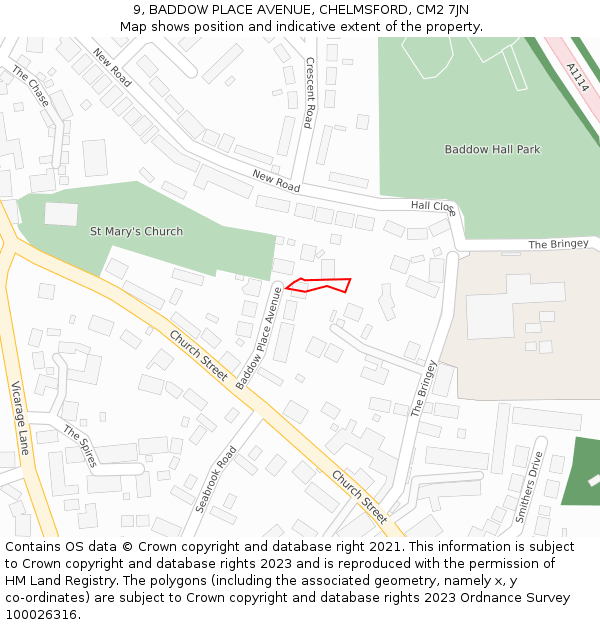 9, BADDOW PLACE AVENUE, CHELMSFORD, CM2 7JN: Location map and indicative extent of plot