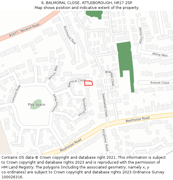 9, BALMORAL CLOSE, ATTLEBOROUGH, NR17 2SP: Location map and indicative extent of plot