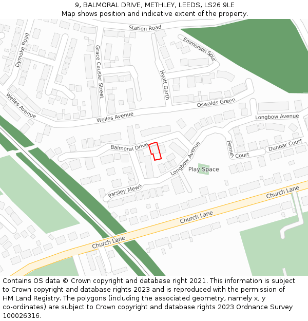 9, BALMORAL DRIVE, METHLEY, LEEDS, LS26 9LE: Location map and indicative extent of plot