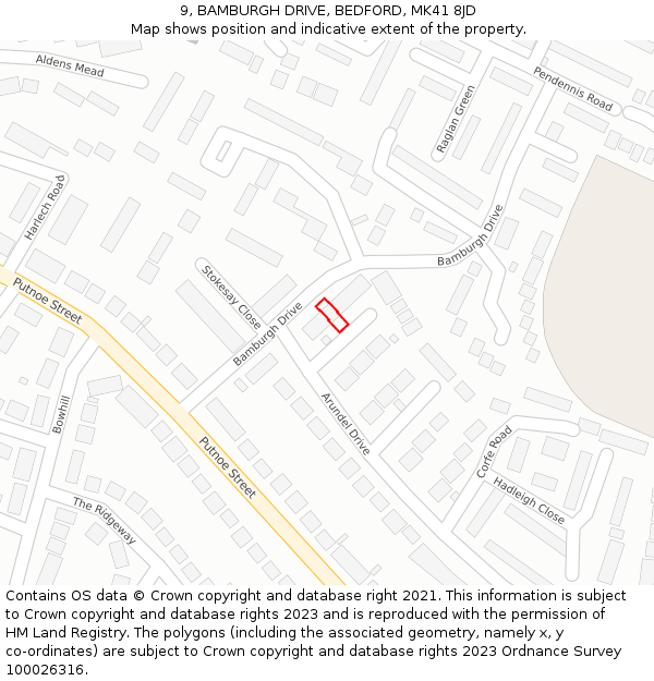 9, BAMBURGH DRIVE, BEDFORD, MK41 8JD: Location map and indicative extent of plot