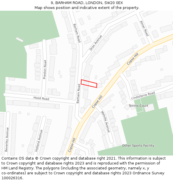 9, BARHAM ROAD, LONDON, SW20 0EX: Location map and indicative extent of plot