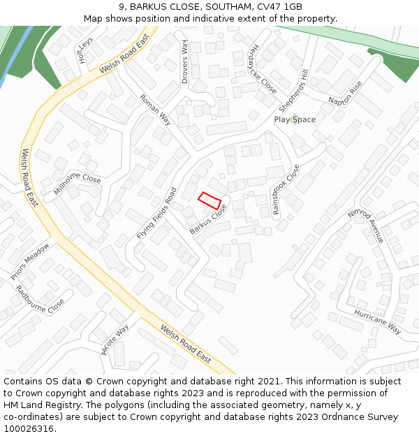 9, BARKUS CLOSE, SOUTHAM, CV47 1GB: Location map and indicative extent of plot