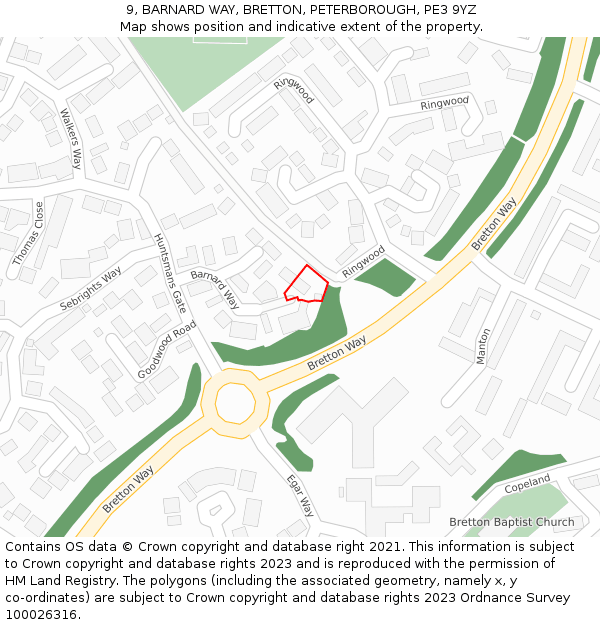 9, BARNARD WAY, BRETTON, PETERBOROUGH, PE3 9YZ: Location map and indicative extent of plot