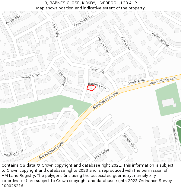 9, BARNES CLOSE, KIRKBY, LIVERPOOL, L33 4HP: Location map and indicative extent of plot