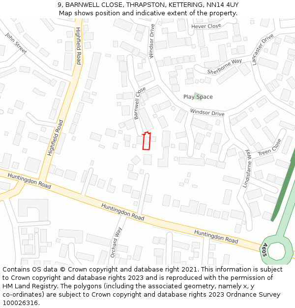 9, BARNWELL CLOSE, THRAPSTON, KETTERING, NN14 4UY: Location map and indicative extent of plot