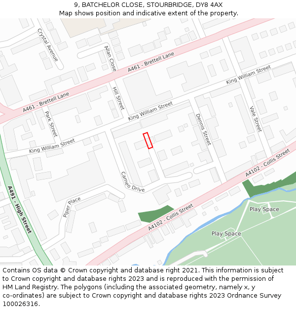9, BATCHELOR CLOSE, STOURBRIDGE, DY8 4AX: Location map and indicative extent of plot