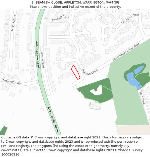 9, BEAMISH CLOSE, APPLETON, WARRINGTON, WA4 5RJ: Location map and indicative extent of plot