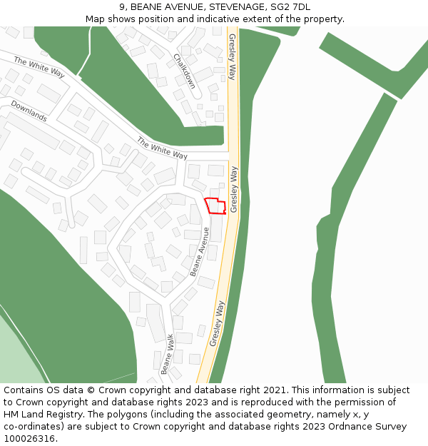 9, BEANE AVENUE, STEVENAGE, SG2 7DL: Location map and indicative extent of plot