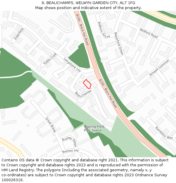 9, BEAUCHAMPS, WELWYN GARDEN CITY, AL7 1FG: Location map and indicative extent of plot