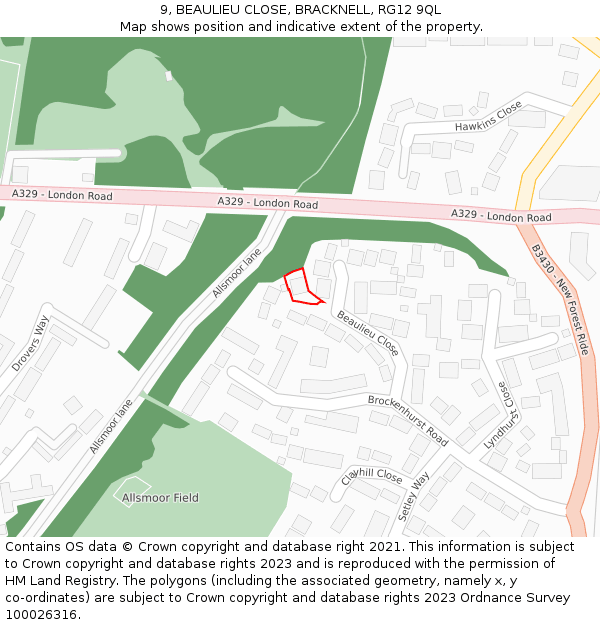 9, BEAULIEU CLOSE, BRACKNELL, RG12 9QL: Location map and indicative extent of plot