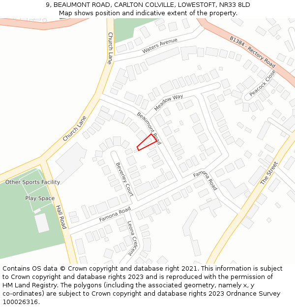9, BEAUMONT ROAD, CARLTON COLVILLE, LOWESTOFT, NR33 8LD: Location map and indicative extent of plot