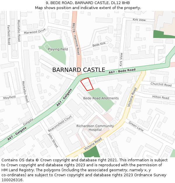 9, BEDE ROAD, BARNARD CASTLE, DL12 8HB: Location map and indicative extent of plot