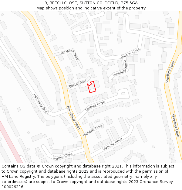 9, BEECH CLOSE, SUTTON COLDFIELD, B75 5GA: Location map and indicative extent of plot