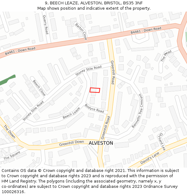 9, BEECH LEAZE, ALVESTON, BRISTOL, BS35 3NF: Location map and indicative extent of plot