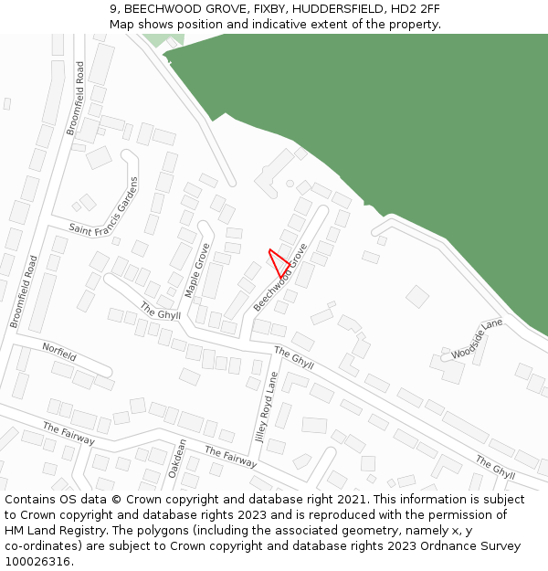9, BEECHWOOD GROVE, FIXBY, HUDDERSFIELD, HD2 2FF: Location map and indicative extent of plot