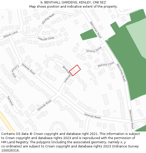 9, BENTHALL GARDENS, KENLEY, CR8 5EZ: Location map and indicative extent of plot