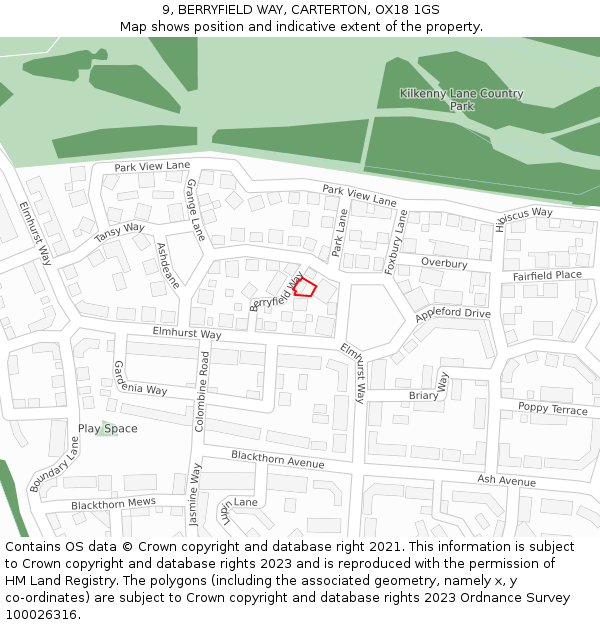 9, BERRYFIELD WAY, CARTERTON, OX18 1GS: Location map and indicative extent of plot