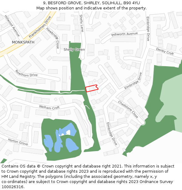 9, BESFORD GROVE, SHIRLEY, SOLIHULL, B90 4YU: Location map and indicative extent of plot