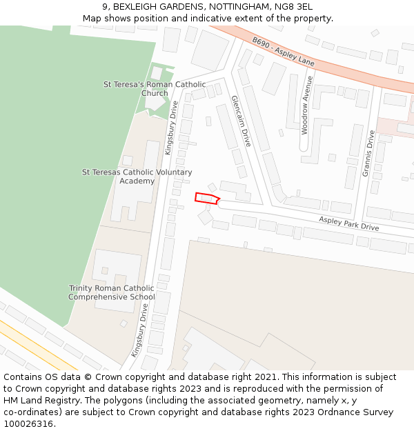 9, BEXLEIGH GARDENS, NOTTINGHAM, NG8 3EL: Location map and indicative extent of plot