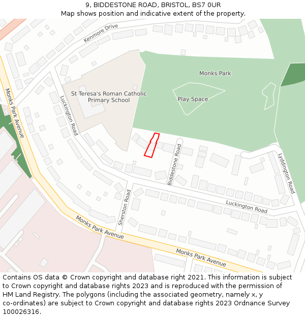 9, BIDDESTONE ROAD, BRISTOL, BS7 0UR: Location map and indicative extent of plot