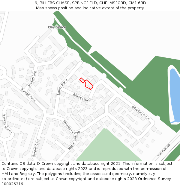 9, BILLERS CHASE, SPRINGFIELD, CHELMSFORD, CM1 6BD: Location map and indicative extent of plot