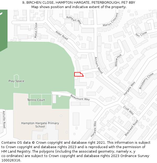 9, BIRCHEN CLOSE, HAMPTON HARGATE, PETERBOROUGH, PE7 8BY: Location map and indicative extent of plot