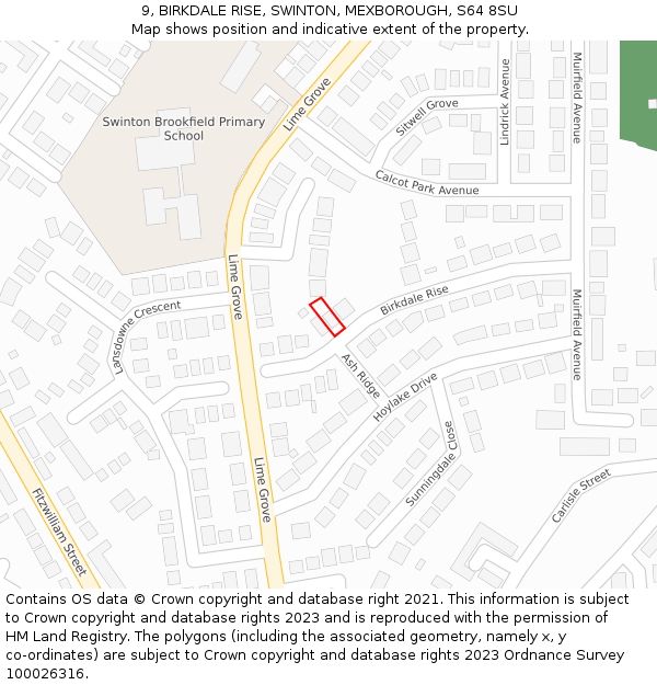 9, BIRKDALE RISE, SWINTON, MEXBOROUGH, S64 8SU: Location map and indicative extent of plot
