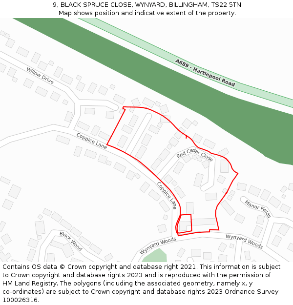 9, BLACK SPRUCE CLOSE, WYNYARD, BILLINGHAM, TS22 5TN: Location map and indicative extent of plot
