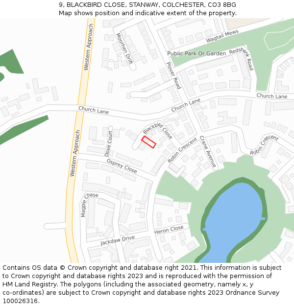 9, BLACKBIRD CLOSE, STANWAY, COLCHESTER, CO3 8BG: Location map and indicative extent of plot