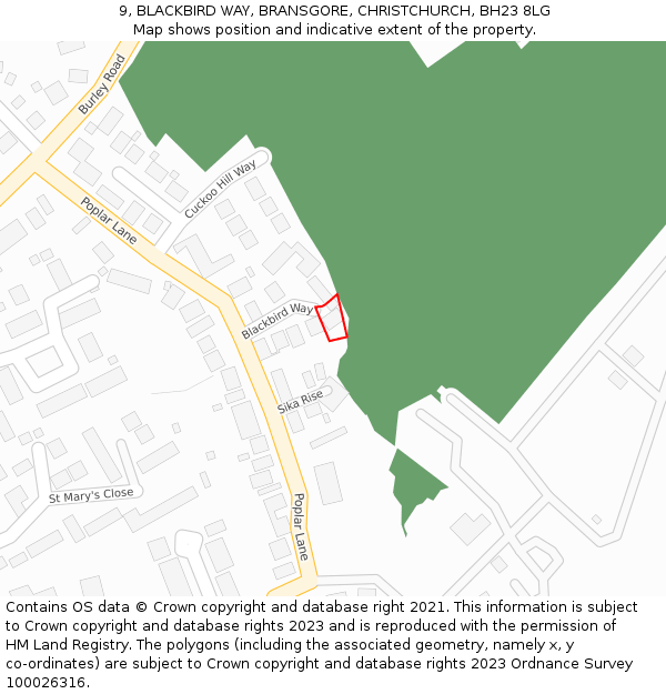 9, BLACKBIRD WAY, BRANSGORE, CHRISTCHURCH, BH23 8LG: Location map and indicative extent of plot