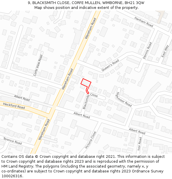 9, BLACKSMITH CLOSE, CORFE MULLEN, WIMBORNE, BH21 3QW: Location map and indicative extent of plot
