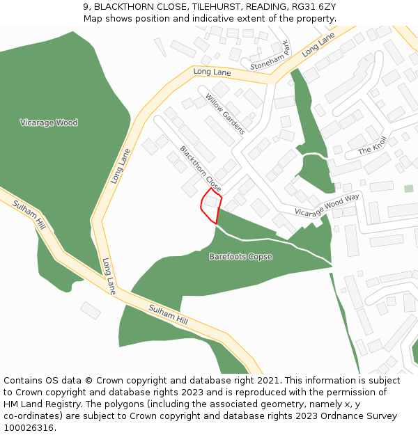 9, BLACKTHORN CLOSE, TILEHURST, READING, RG31 6ZY: Location map and indicative extent of plot