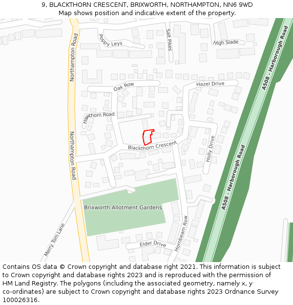9, BLACKTHORN CRESCENT, BRIXWORTH, NORTHAMPTON, NN6 9WD: Location map and indicative extent of plot