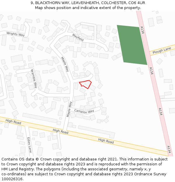 9, BLACKTHORN WAY, LEAVENHEATH, COLCHESTER, CO6 4UR: Location map and indicative extent of plot