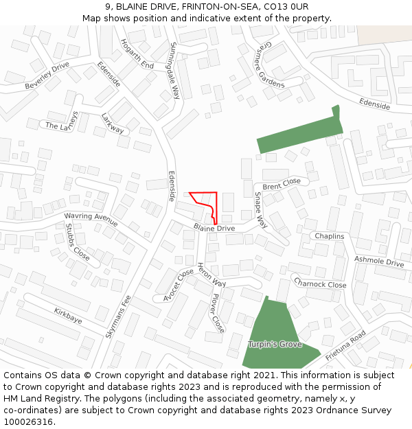 9, BLAINE DRIVE, FRINTON-ON-SEA, CO13 0UR: Location map and indicative extent of plot