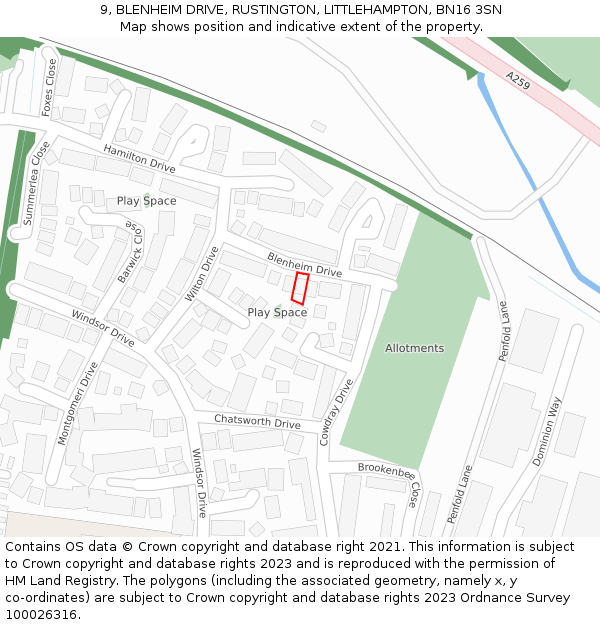 9, BLENHEIM DRIVE, RUSTINGTON, LITTLEHAMPTON, BN16 3SN: Location map and indicative extent of plot