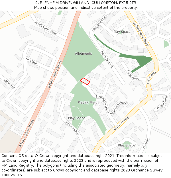 9, BLENHEIM DRIVE, WILLAND, CULLOMPTON, EX15 2TB: Location map and indicative extent of plot