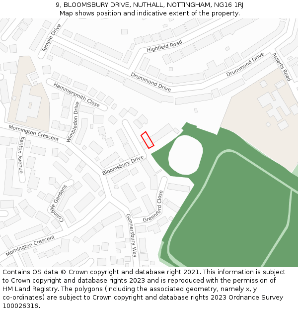 9, BLOOMSBURY DRIVE, NUTHALL, NOTTINGHAM, NG16 1RJ: Location map and indicative extent of plot