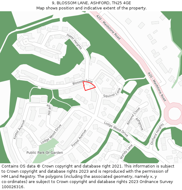 9, BLOSSOM LANE, ASHFORD, TN25 4GE: Location map and indicative extent of plot
