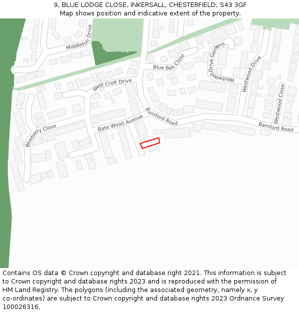 9, BLUE LODGE CLOSE, INKERSALL, CHESTERFIELD, S43 3GF: Location map and indicative extent of plot