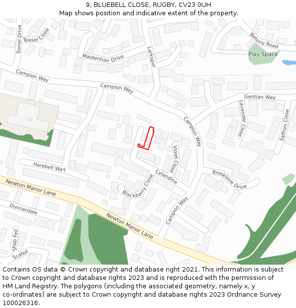 9, BLUEBELL CLOSE, RUGBY, CV23 0UH: Location map and indicative extent of plot