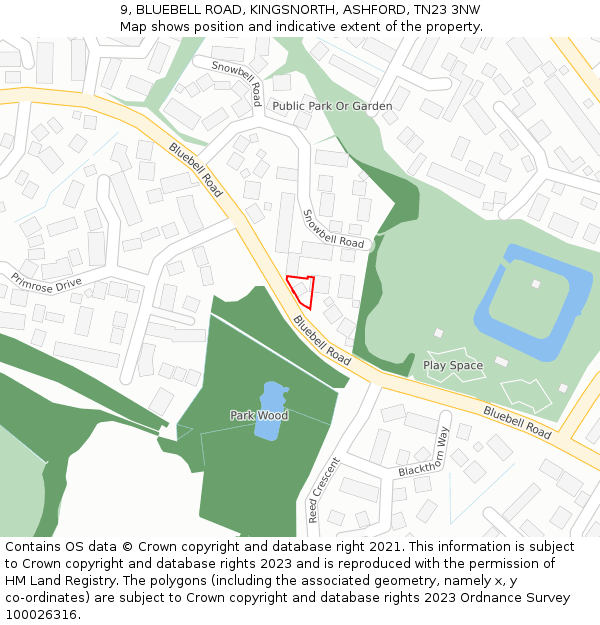 9, BLUEBELL ROAD, KINGSNORTH, ASHFORD, TN23 3NW: Location map and indicative extent of plot