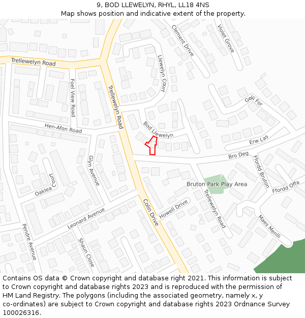 9, BOD LLEWELYN, RHYL, LL18 4NS: Location map and indicative extent of plot