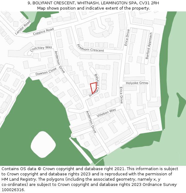 9, BOLYFANT CRESCENT, WHITNASH, LEAMINGTON SPA, CV31 2RH: Location map and indicative extent of plot