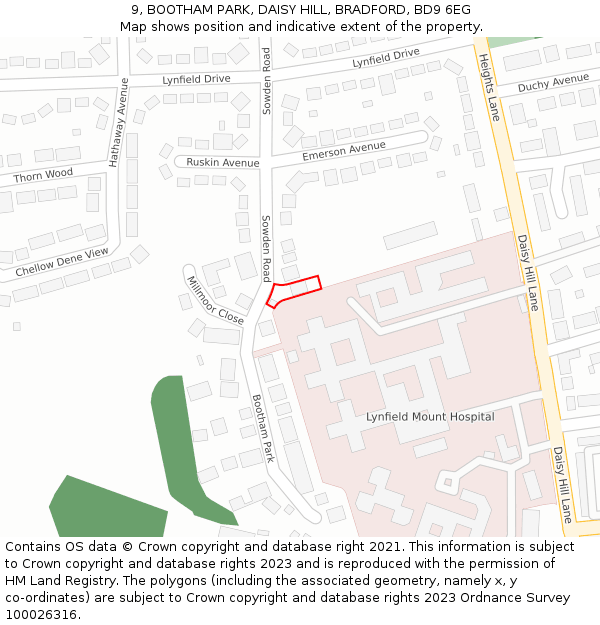 9, BOOTHAM PARK, DAISY HILL, BRADFORD, BD9 6EG: Location map and indicative extent of plot