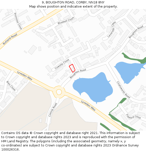 9, BOUGHTON ROAD, CORBY, NN18 8NY: Location map and indicative extent of plot