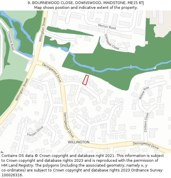 9, BOURNEWOOD CLOSE, DOWNSWOOD, MAIDSTONE, ME15 8TJ: Location map and indicative extent of plot